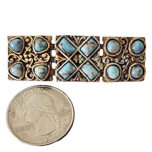 P&M Paris Gold Tone Blue Venetian Style Glass Cabochon Panel Bar Brooch, L254 - Picture 6 of 9